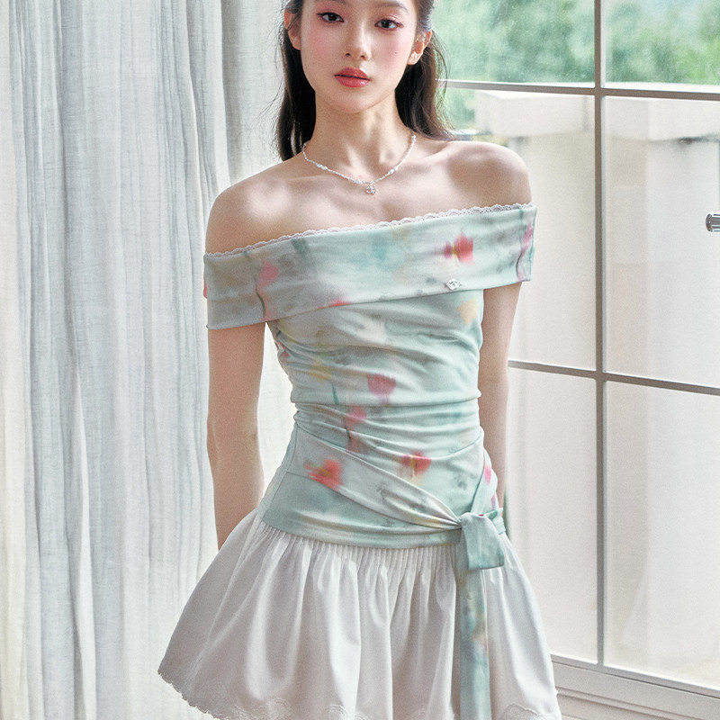 fragileheart易碎商店·浅风呢喃 晕染花卉一字肩绑带T恤显瘦上衣