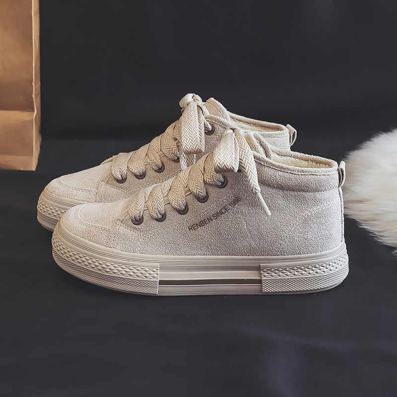 人本加绒大码高帮女鞋40 41 42冬季保暖帆布休闲厚底百搭二棉鞋43