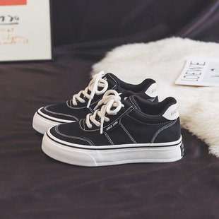 人本高帮加绒帆布鞋女大码41-43黑色运动鞋冬季42厚底保暖棉鞋女