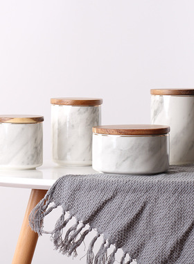 北欧大理石纹密封罐带盖陶瓷储物罐子收纳盒咖啡花茶糖果罐摆件