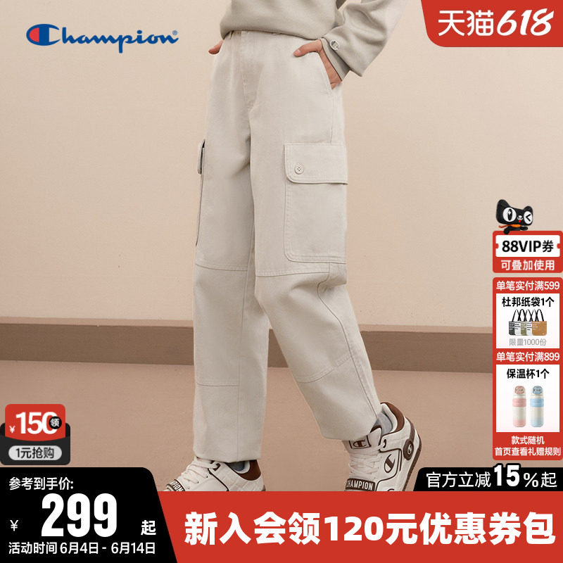 Champion冠军工装裤女春季潮牌纯棉长裤美式刺绣束脚休闲运动裤子