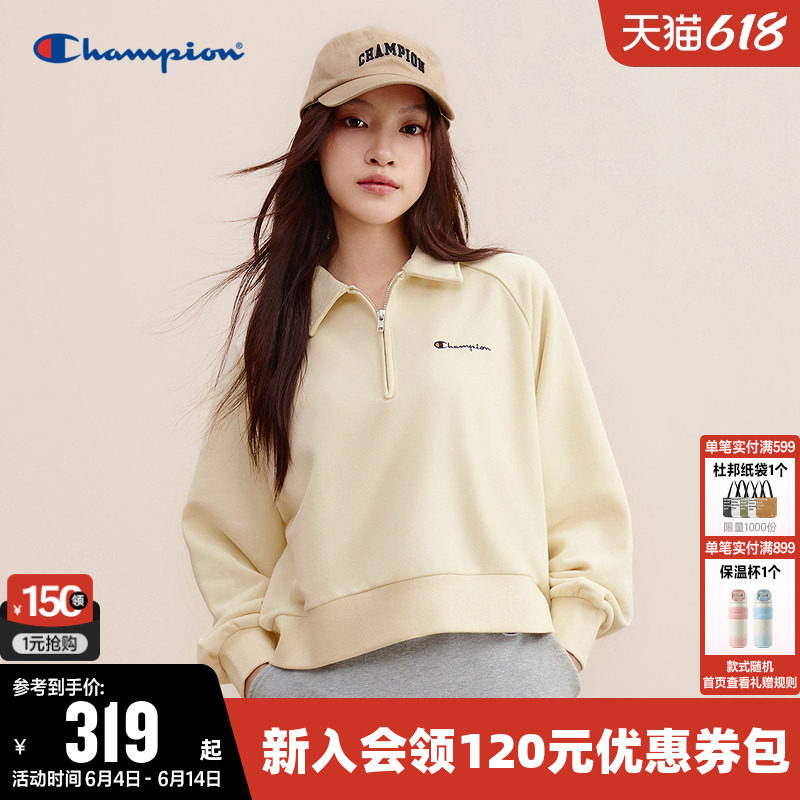 Champion冠军卫衣女春季刺绣logo插肩袖休闲半拉链翻领套头上衣潮