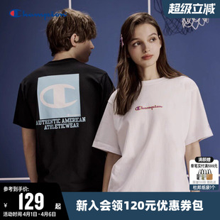 Champion冠军T恤女春季 上衣男 胶印logo撞色纯棉透气情侣圆领短袖