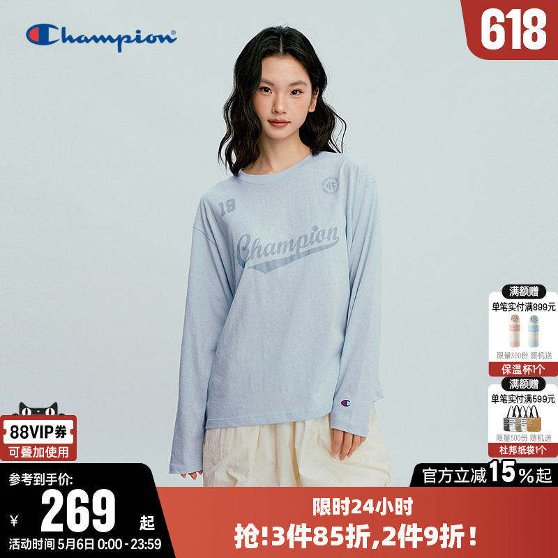 Champion冠军T恤女26春季新款印花草写logo休闲宽松长袖圆领上衣