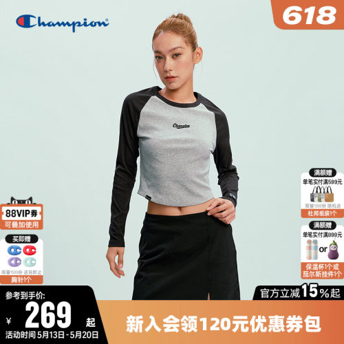 Champion冠军短款圆领长袖T恤女