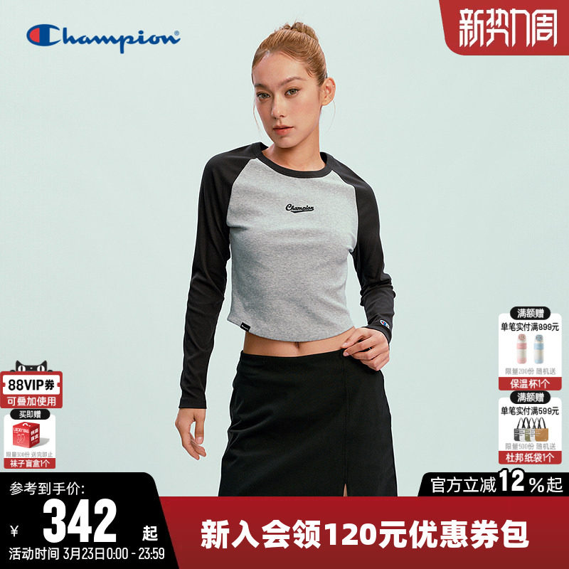 Champion冠军短款T恤女2026春季新款插肩袖休闲圆领修身长袖上衣