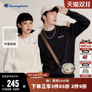 Champion冠军卫衣女冬季 刺绣logo圆领套头情侣加绒纯色休闲上衣男