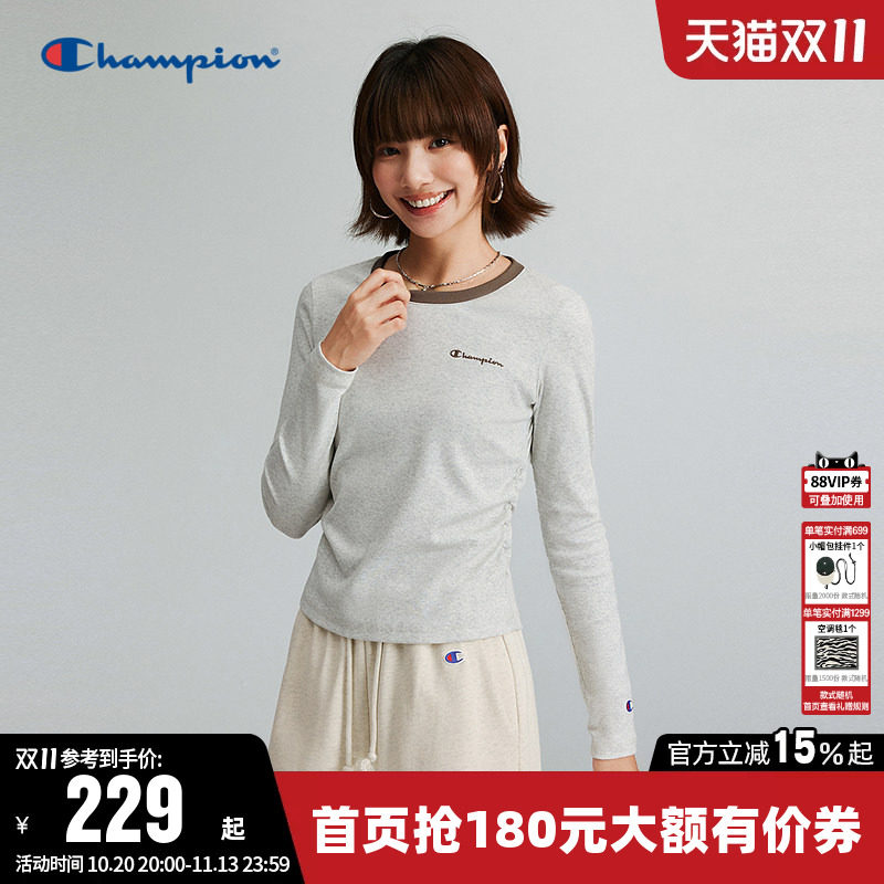 Champion冠军T恤女2026秋季新款撞色修身休闲运动风圆领长袖上衣