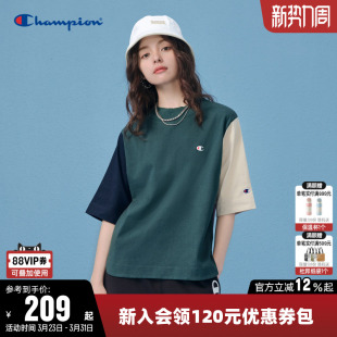 Champion冠军T恤女春季 上衣潮 刺绣logo纯棉透气拼色圆领运动短袖