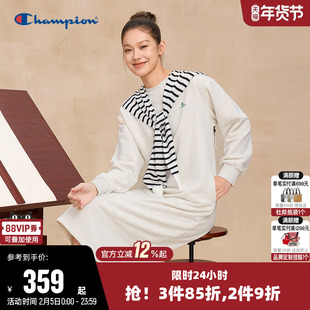 Champion冠军连衣裙女2025秋季新款纯色百搭长裙休闲长袖圆领裙子
