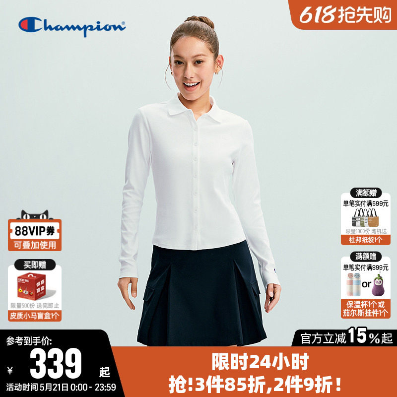Champion冠军衬衫女2026春季新款纯色修身长袖POLO衫翻领休闲上衣