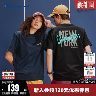 Champion冠军T恤女春季 上衣男 情侣撞色胶印logo纯棉圆领运动短袖