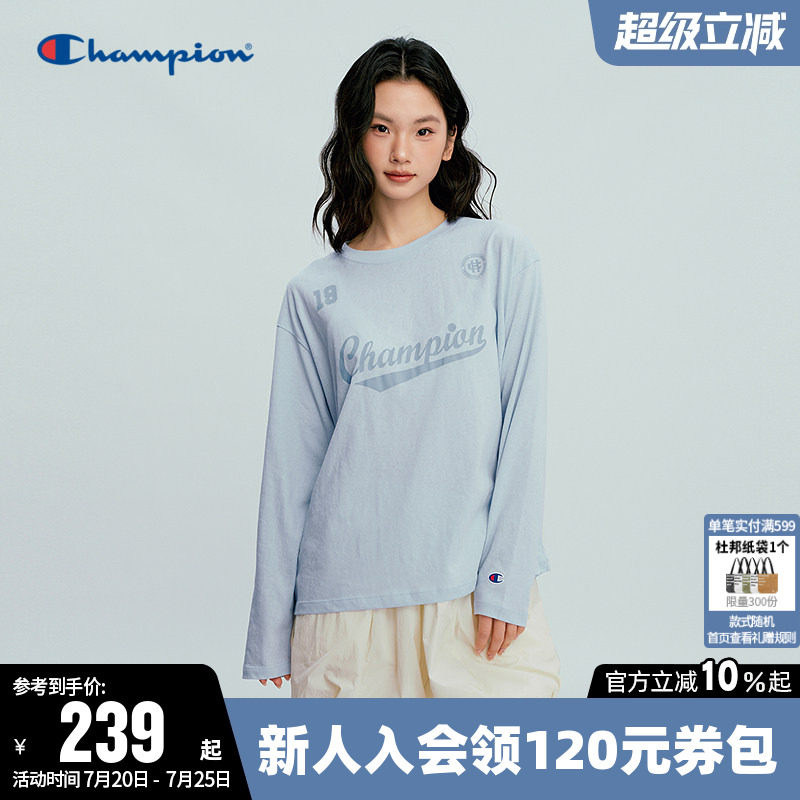 Champion冠军T恤女26春季新款印花草写logo休闲宽松长袖圆领上衣
