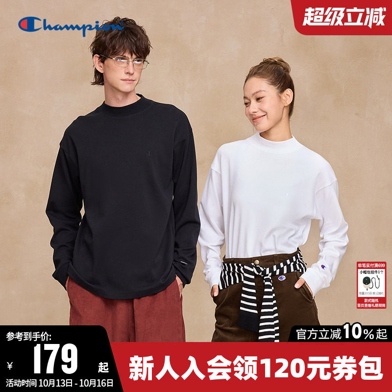 Champion冠军T恤女秋季情侣纯棉打底衫纯色休闲长袖圆领上衣男潮