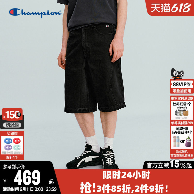 Champion冠军短裤男2026夏季新款纯棉牛仔中裤休闲梭织宽松裤子女
