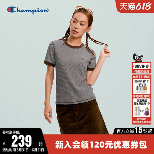 Champion冠军条纹圆领短袖T恤女