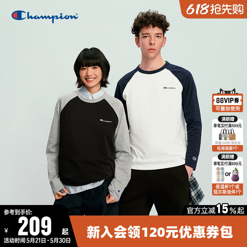 Champion冠军T恤男2026春季新款纯棉插肩袖休闲运动风长袖上衣女