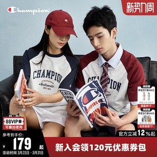 Champion冠军T恤女春季 圆领上衣男 情侣复古撞色拼接纯棉休闲短袖