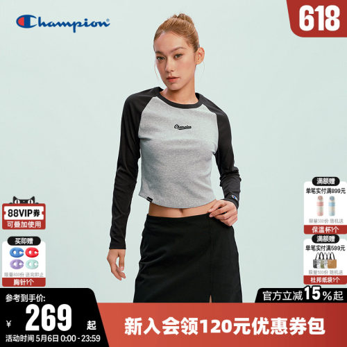 Champion冠军短款圆领长袖T恤女