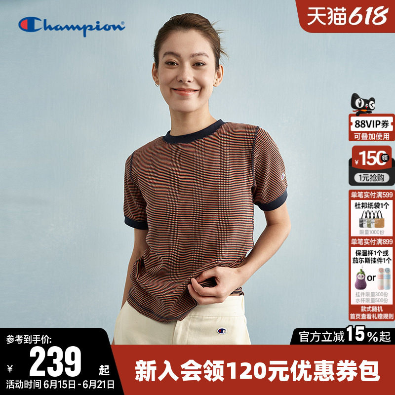 Champion冠军T恤女夏季潮流拼色华夫格针织修身圆领休闲短袖上衣