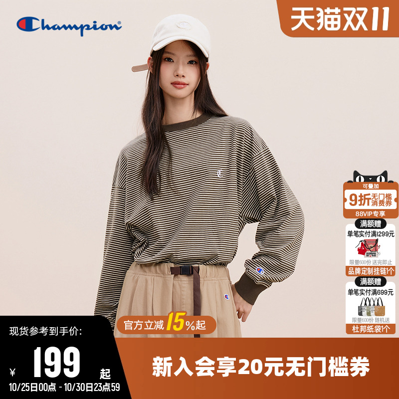 Champion冠军长袖T恤男25秋季新款条纹圆领纯棉运动打底衫上衣女