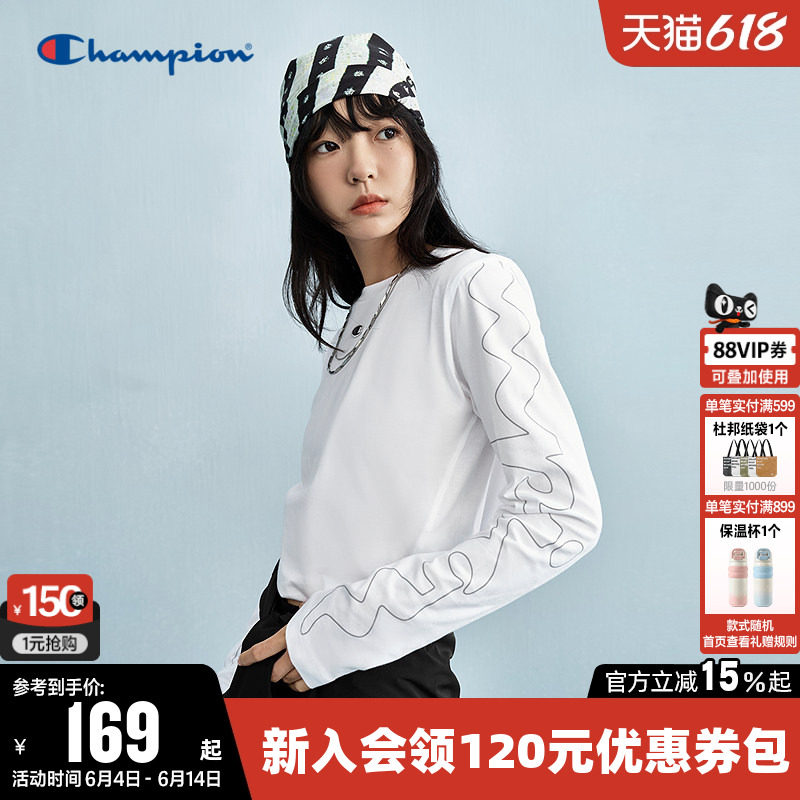 Champion冠军短款麒麟臂T恤女春季朋克风纯棉长袖圆领休闲上衣潮