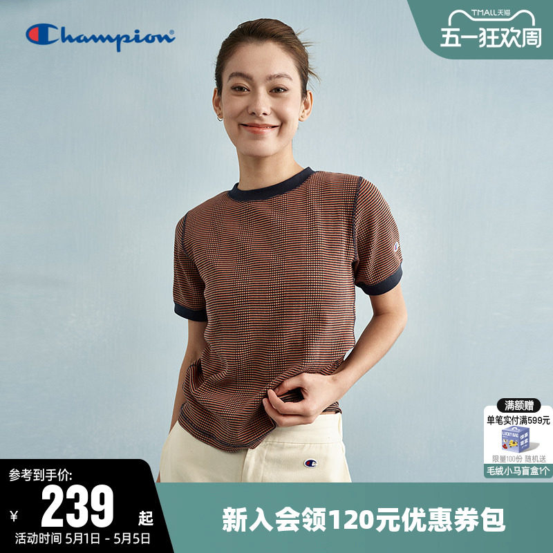 Champion冠军T恤女夏季潮流拼色华夫格针织修身圆领休闲短袖上衣
