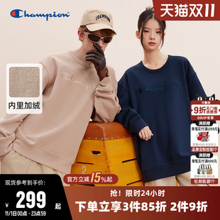 Champion冠军卫衣女冬季 情侣草写刺绣logo圆领休闲运动加绒上衣男