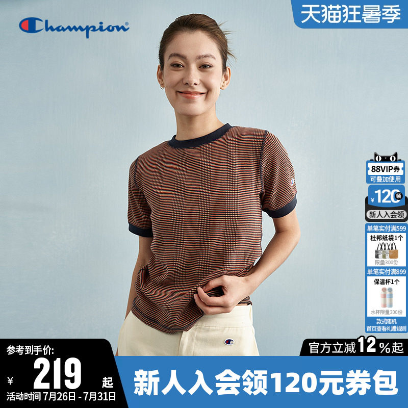 Champion冠军T恤女夏季潮流拼色华夫格针织修身圆领休闲短袖上衣