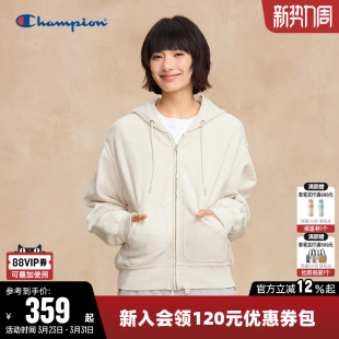 Champion冠军卫衣女春季纯棉拉链开衫外套纯色休闲简约连帽上衣潮