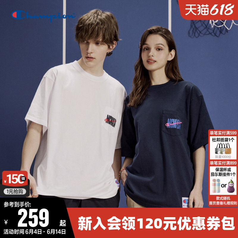 Champion冠军T恤女夏季口袋刺绣纯棉情侣休闲运动圆领短袖上衣男