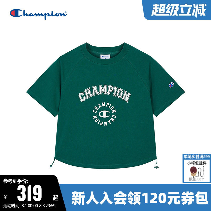 Champion冠军短款T恤女夏季印花logo插肩袖抽绳休闲圆领短袖上衣