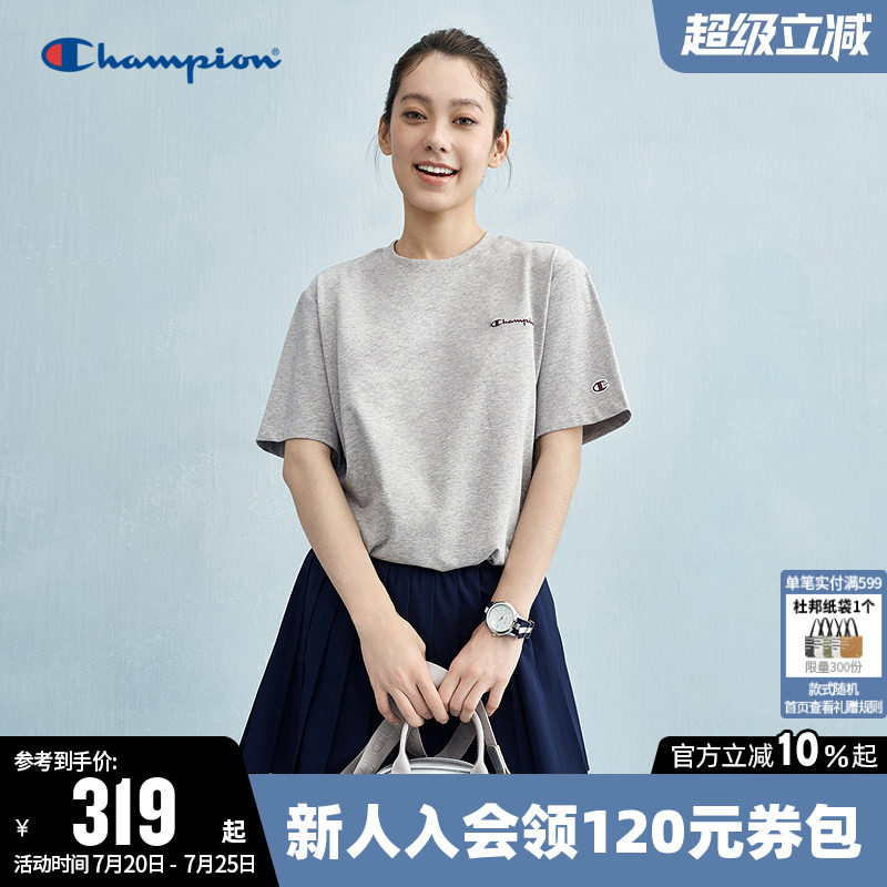 Champion冠军T恤女夏季潮牌纯棉抽绳休闲纯色圆领运动短袖上衣潮