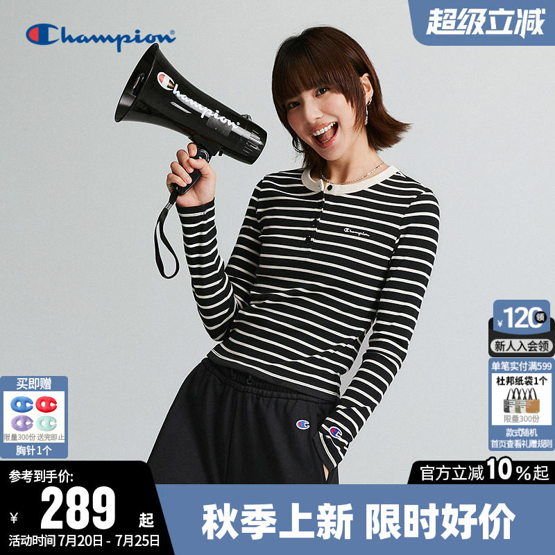 Champion冠军T恤女2026秋季新款修身复古条纹休闲圆领长袖上衣潮