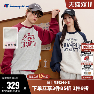 Champion冠军卫衣女冬季 圆领休闲加绒上衣男潮 情侣复古印花插肩袖