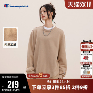 Champion冠军卫衣男冬季 情侣草写logo刺绣圆领加绒休闲运动上衣女