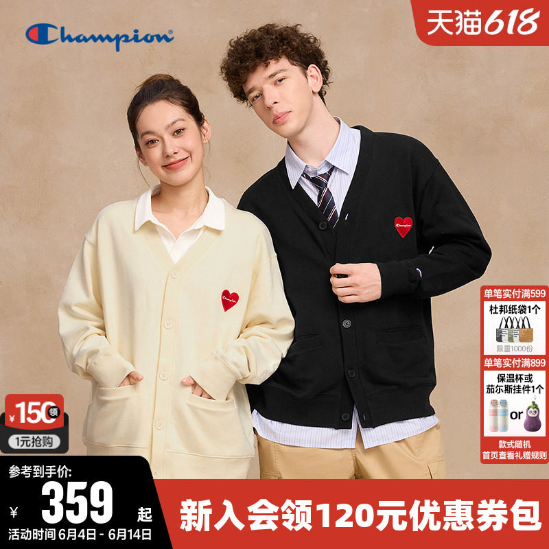 Champion冠军卫衣女春季情侣纯棉爱心徽标logo纯色开衫V领上衣男