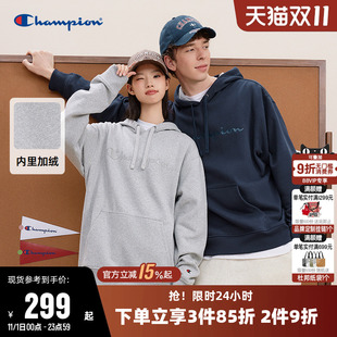 Champion冠军卫衣女冬季 胶印logo休闲连帽保暖加绒上衣男 情侣美式