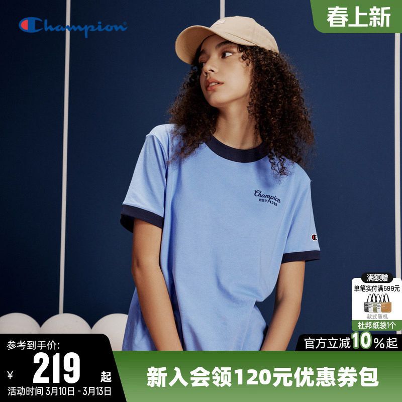 Champion冠军T恤女春季印花logo透气拼色休闲圆领运动短袖上衣潮