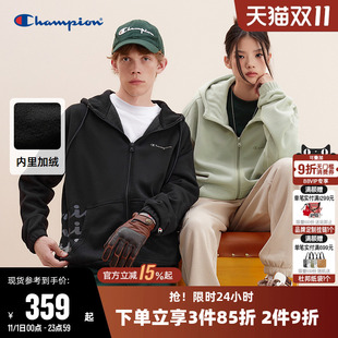 Champion冠军卫衣女冬季 加绒连帽休闲上衣男 草写logo情侣印花开衫