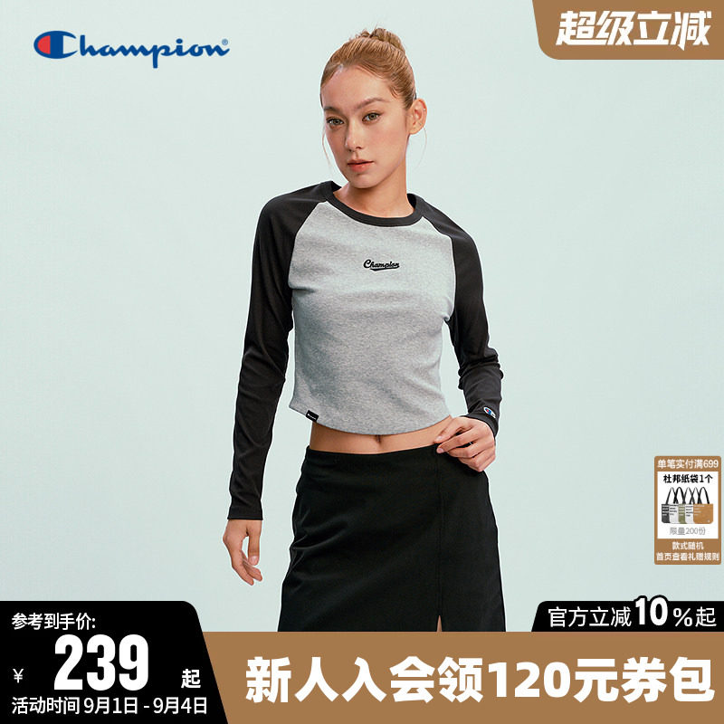 Champion冠军短款圆领长袖T恤女图片