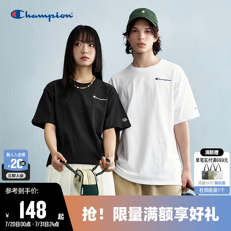 Champion冠军T恤女2025夏季新款刺绣纯棉情侣圆领运动短袖上衣男