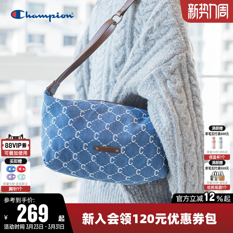 Champion冠军单肩背包2026春夏男女时尚钻C斜挎包满印老花包潮蓝