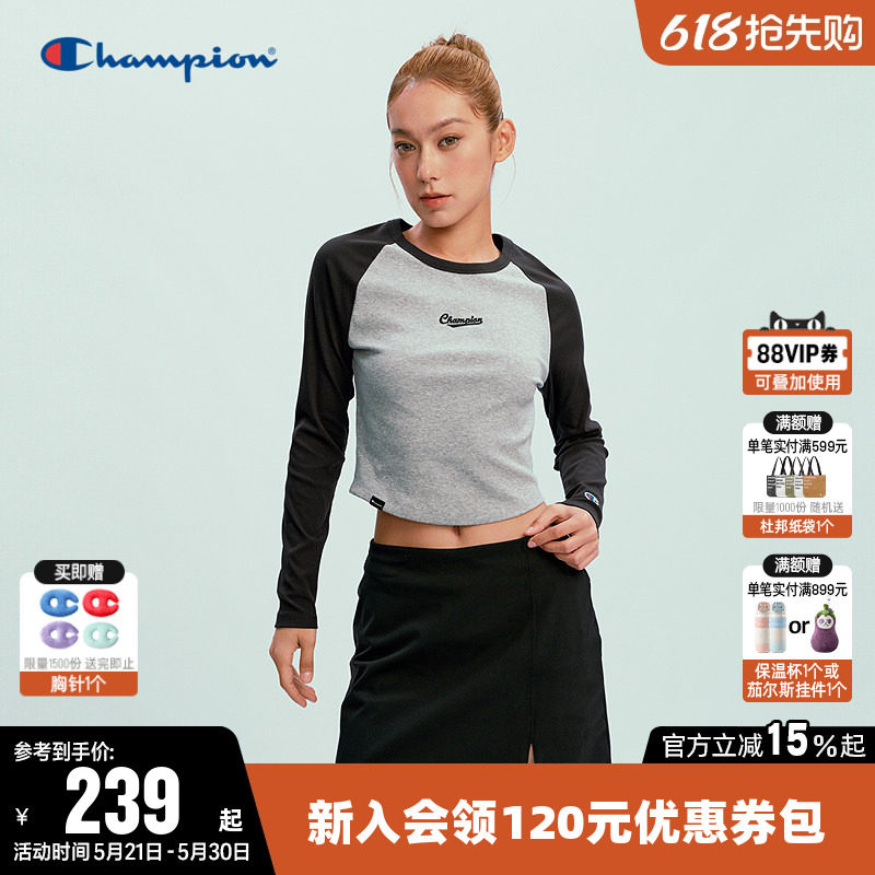 Champion冠军短款T恤女2026春季新款插肩袖休闲圆领修身长袖上衣