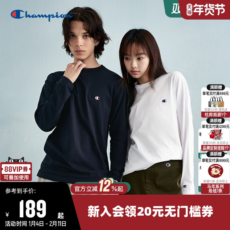 Champion冠军长袖T恤女2025秋季新款纯棉打底衫休闲圆领上衣男潮,运动服/休闲服装,运动T恤,淘宝优惠券,粉丝福利购,淘宝优惠卷