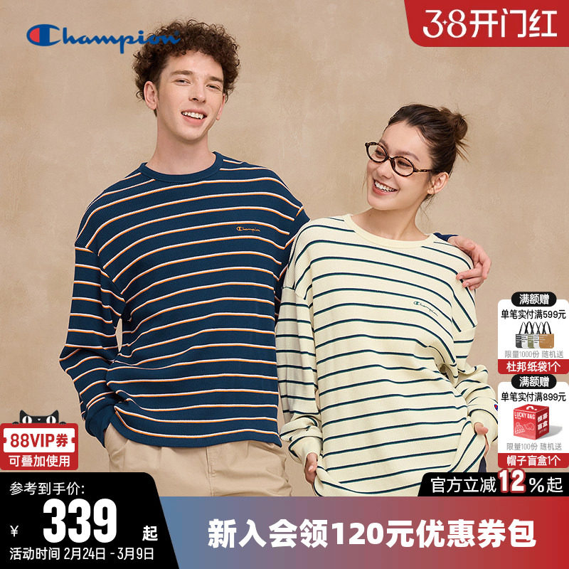 Champion冠军T恤女25秋季新款情侣华夫格条纹圆领宽松长袖上衣男