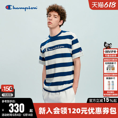 Champion冠军条纹圆领短袖T恤男