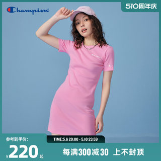 Champion冠军连衣裙女2024夏季新款草写logo印花长裙短袖休闲裙子