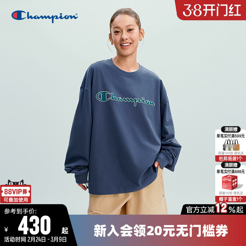 Champion冠军T恤女2026春季新款情侣纯棉休闲宽松圆领长袖上衣男