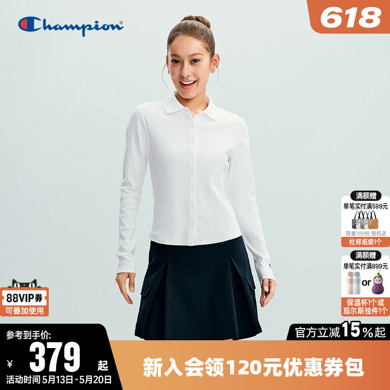 Champion冠军衬衫女2026春季新款纯色修身长袖POLO衫翻领休闲上衣